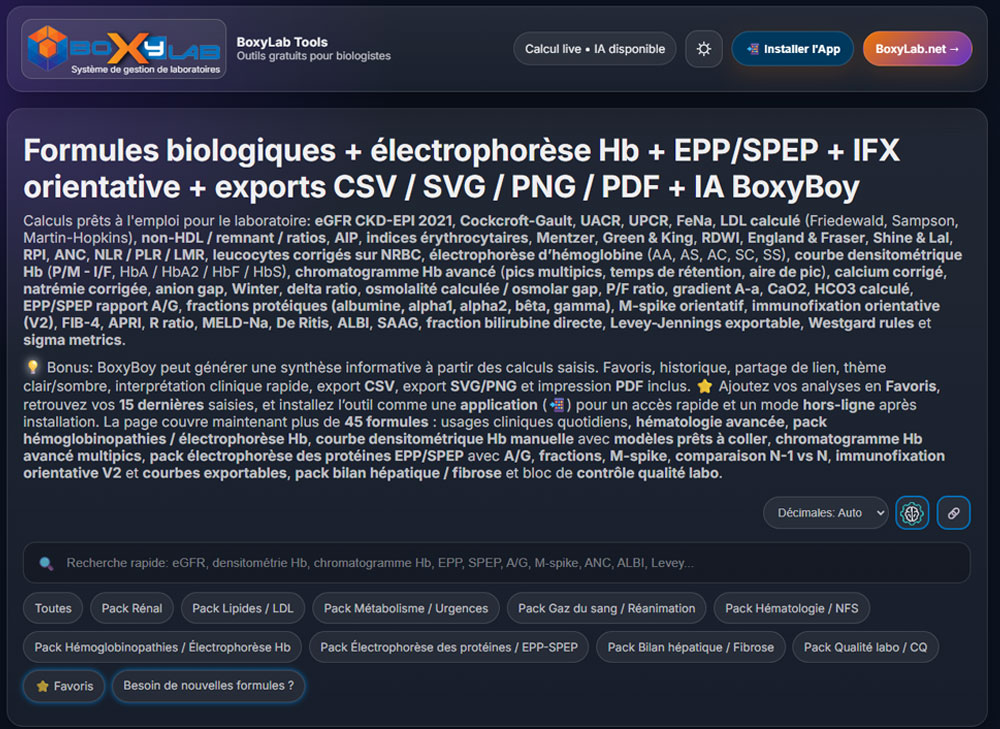 Formules biologiques, contrôle qualité, courbes PDF et EPP SPEP pour biologistes - BoxyLab Tools